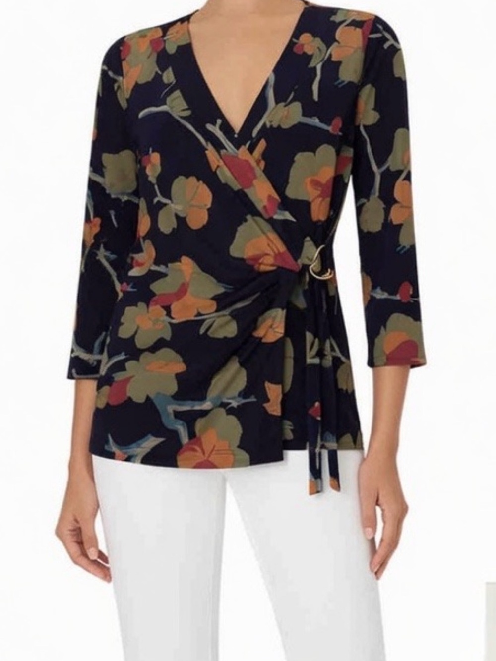 Lauren Ralph Lauren navy blue Floral Wrap Blouse with side Tie